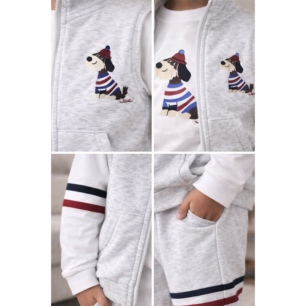 3 Pcs Winter Set, Playful Dog Print Sleeveless Jacket, T-Shirt & Pants for Kids
