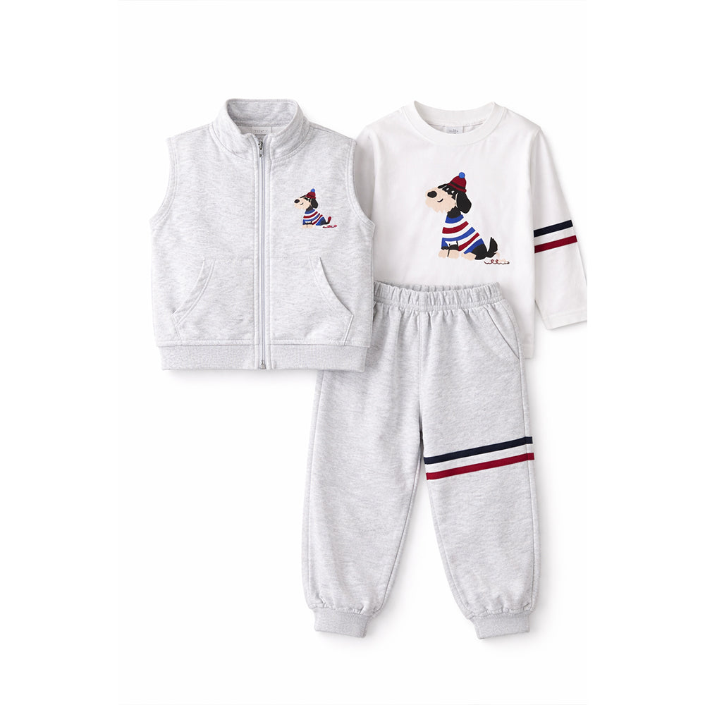3 Pcs Winter Set, Playful Dog Print Sleeveless Jacket, T-Shirt & Pants for Kids