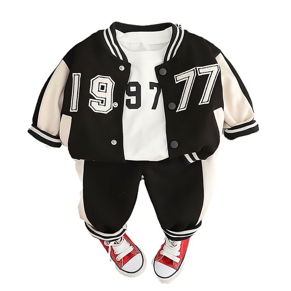 Black & White 1977 Designed 3 Pcs Varsity Jacket Styled Track Suit Set For Toddlers And Kids