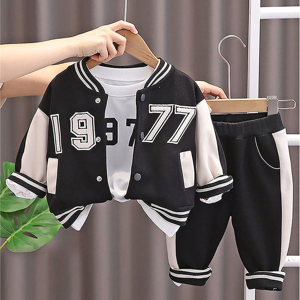 Black & White 1977 Designed 3 Pcs Varsity Jacket Styled Track Suit Set For Toddlers And Kids