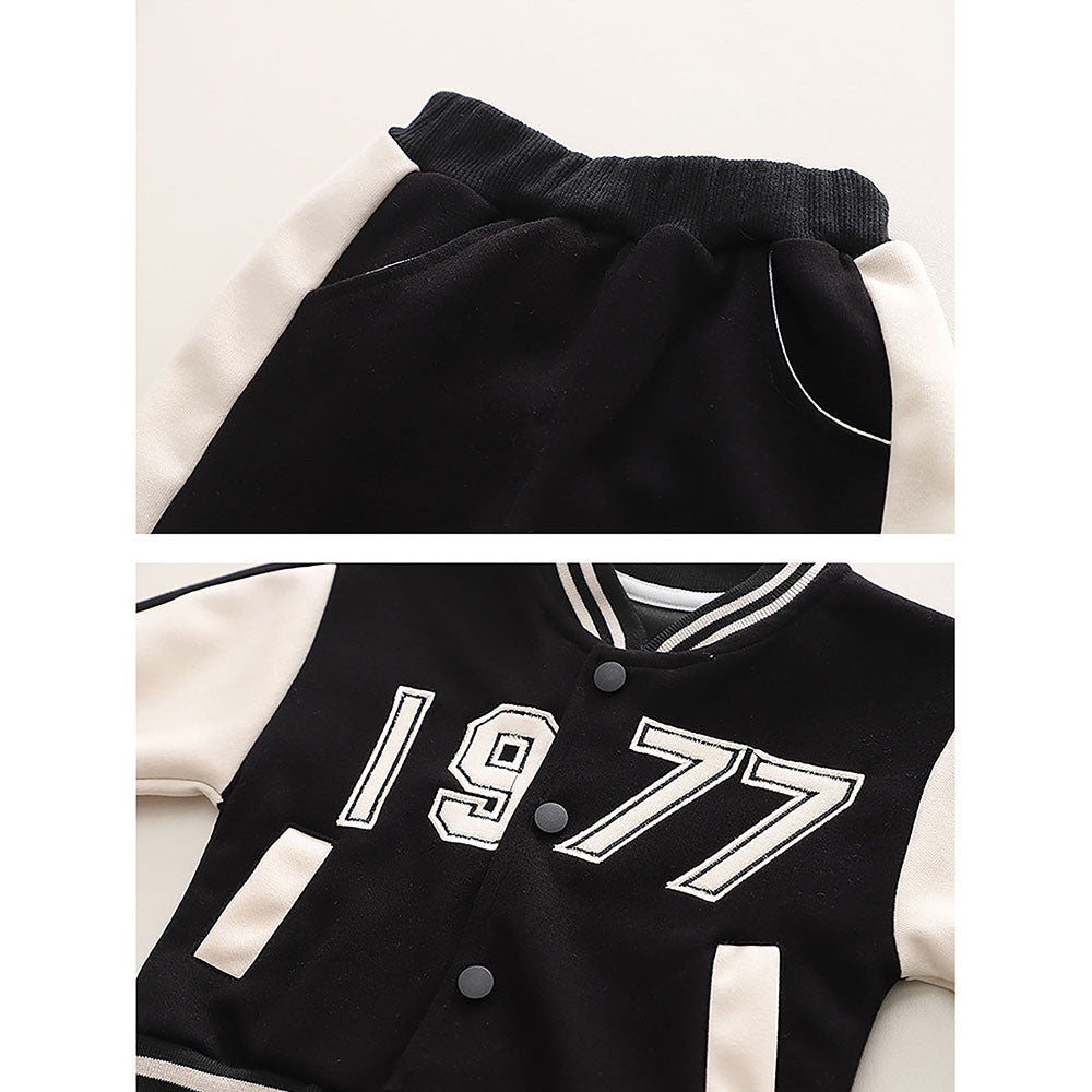 Black & White 1977 Designed 3 Pcs Varsity Jacket Styled Track Suit Set For Toddlers And Kids