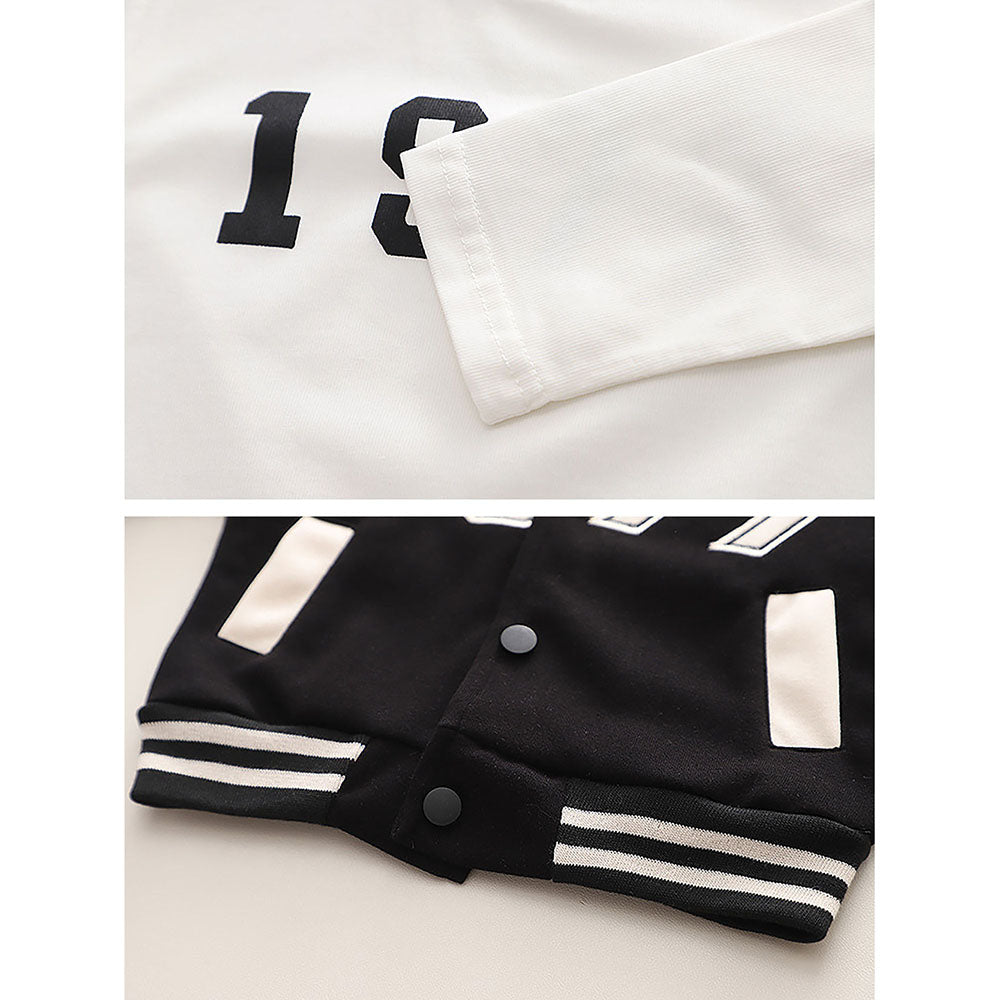 Black & White 1977 Designed 3 Pcs Varsity Jacket Styled Track Suit Set For Toddlers And Kids
