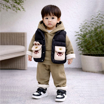 3 Pcs Winter Set, Black Puffer Sleevless Jacket, Hoodie & Pants for Kids, Winterwear