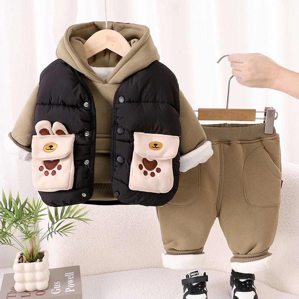 3 Pcs Winter Set, Black Puffer Sleevless Jacket, Hoodie & Pants for Kids, Winterwear