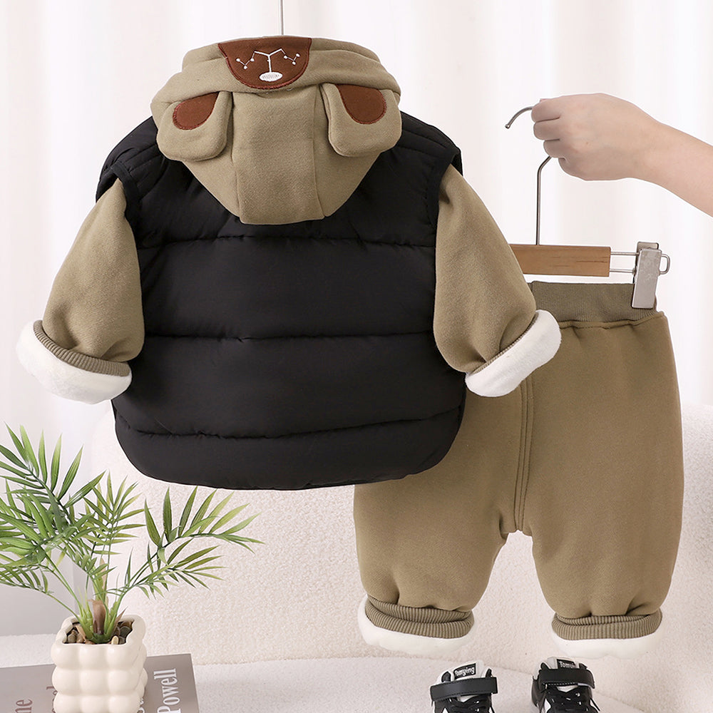 3 Pcs Winter Set, Black Puffer Sleevless Jacket, Hoodie & Pants for Kids, Winterwear