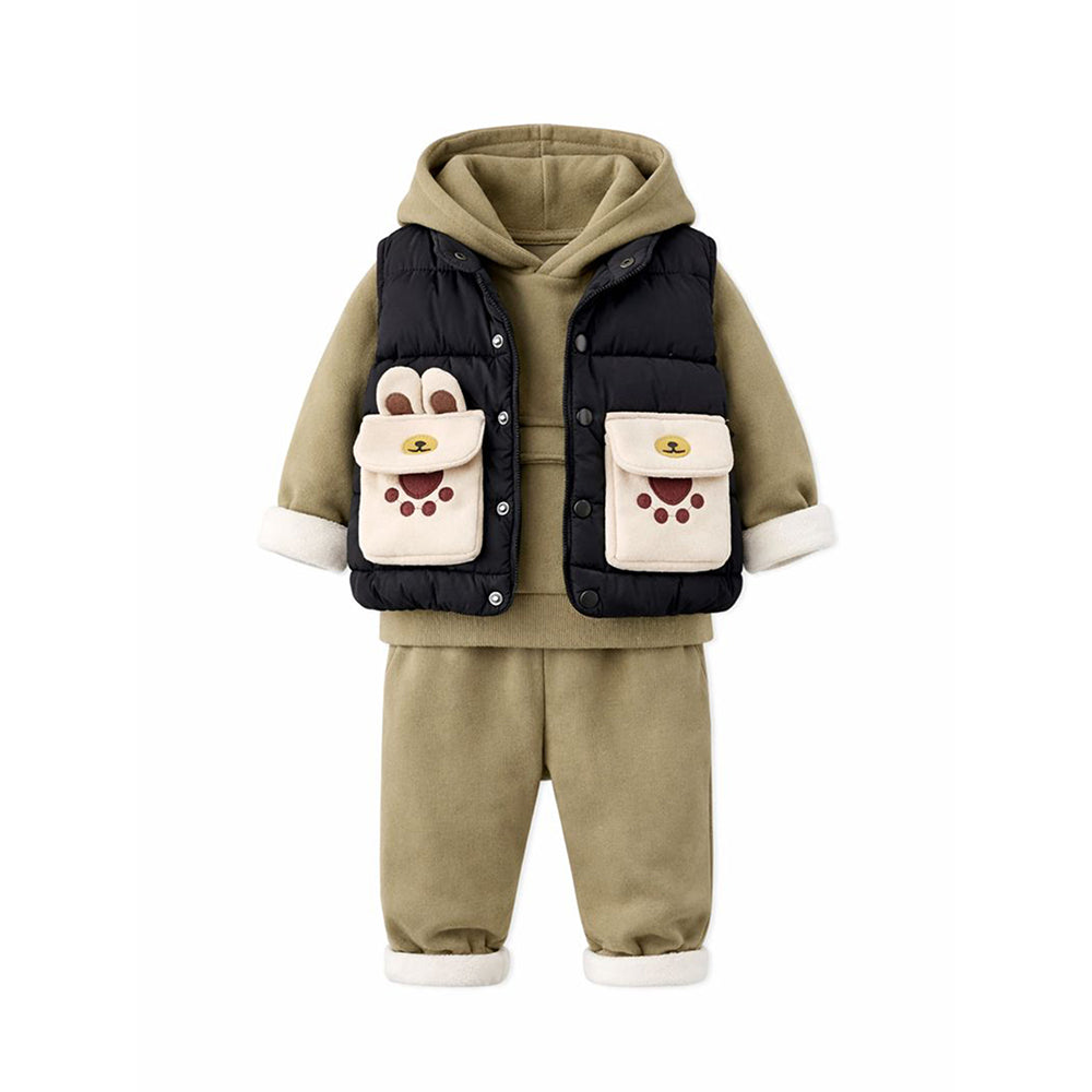 3 Pcs Winter Set, Black Puffer Sleevless Jacket, Hoodie & Pants for Kids, Winterwear
