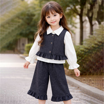 3 Pcs Set,Winterwear Black Ruffled Vest,Ivory Shirt & Flare Pants for Girls