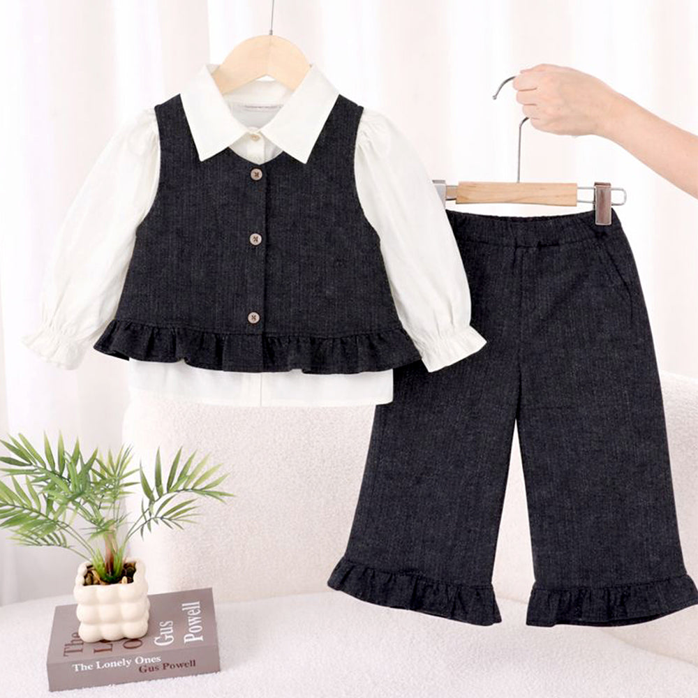 3 Pcs Set,Winterwear Black Ruffled Vest,Ivory Shirt & Flare Pants for Girls