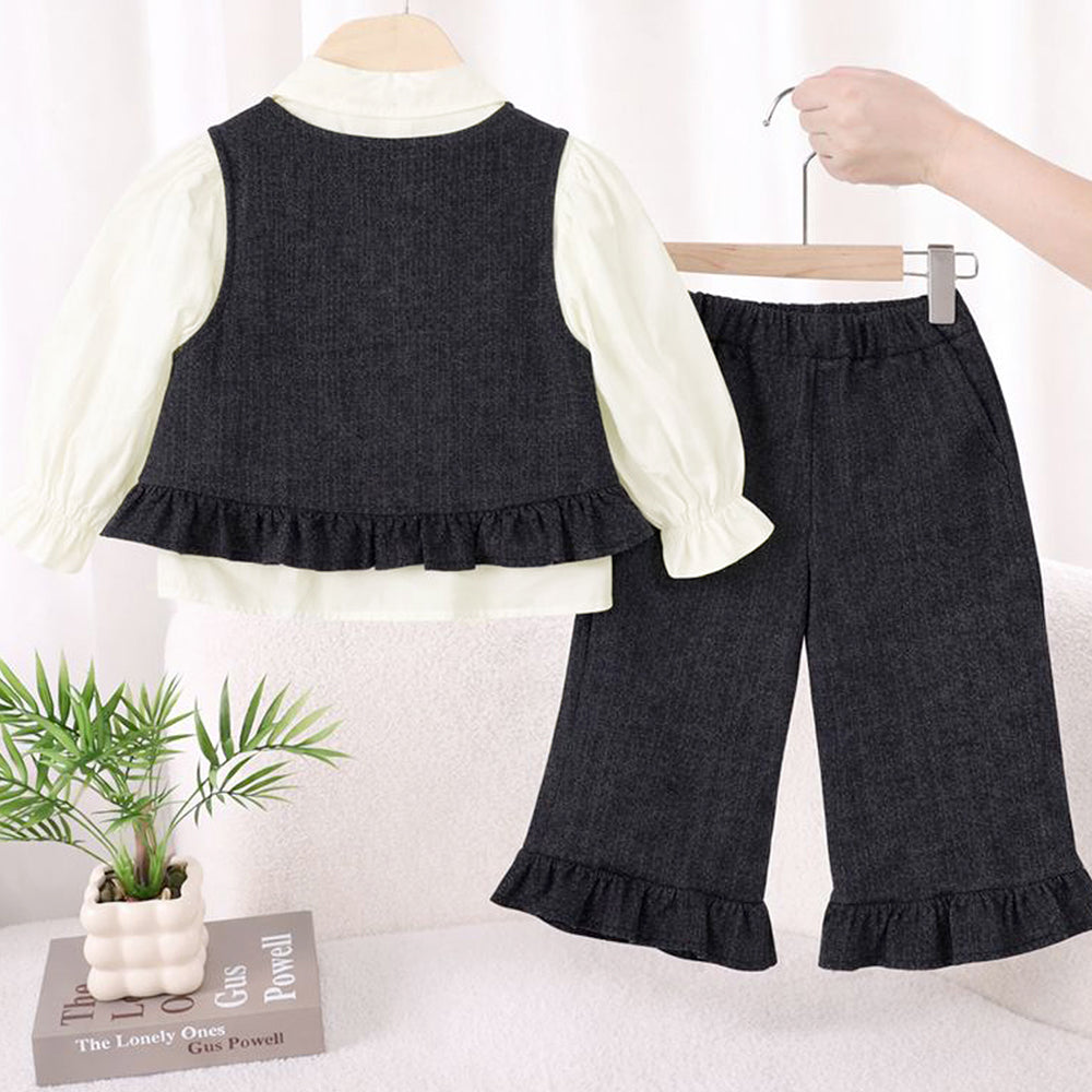 3 Pcs Set,Winterwear Black Ruffled Vest,Ivory Shirt & Flare Pants for Girls
