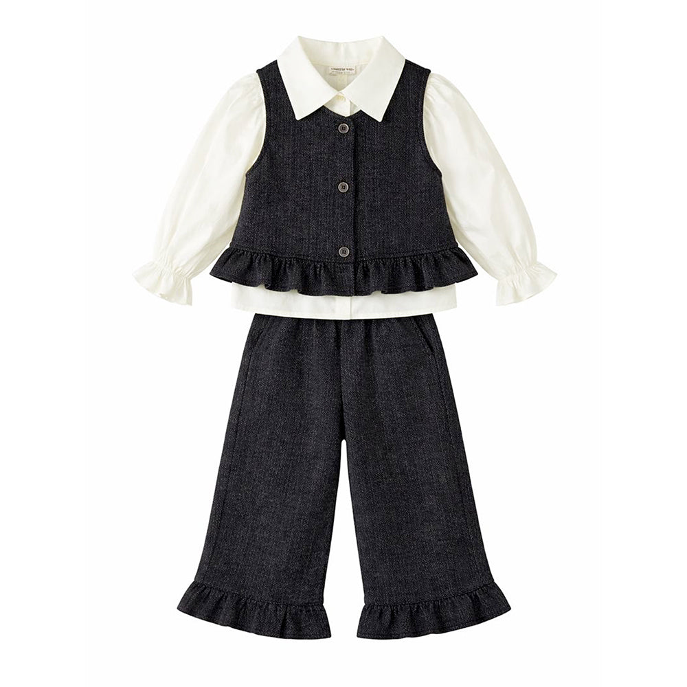 3 Pcs Set,Winterwear Black Ruffled Vest,Ivory Shirt & Flare Pants for Girls
