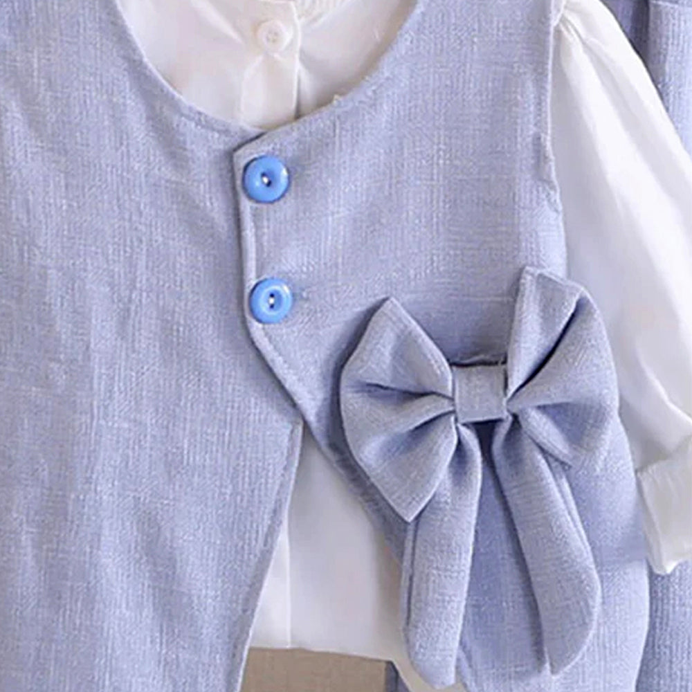 3 Pcs Set Blue Side Bow Jacket,Shirt & Matching Pants Partywear set for Girls