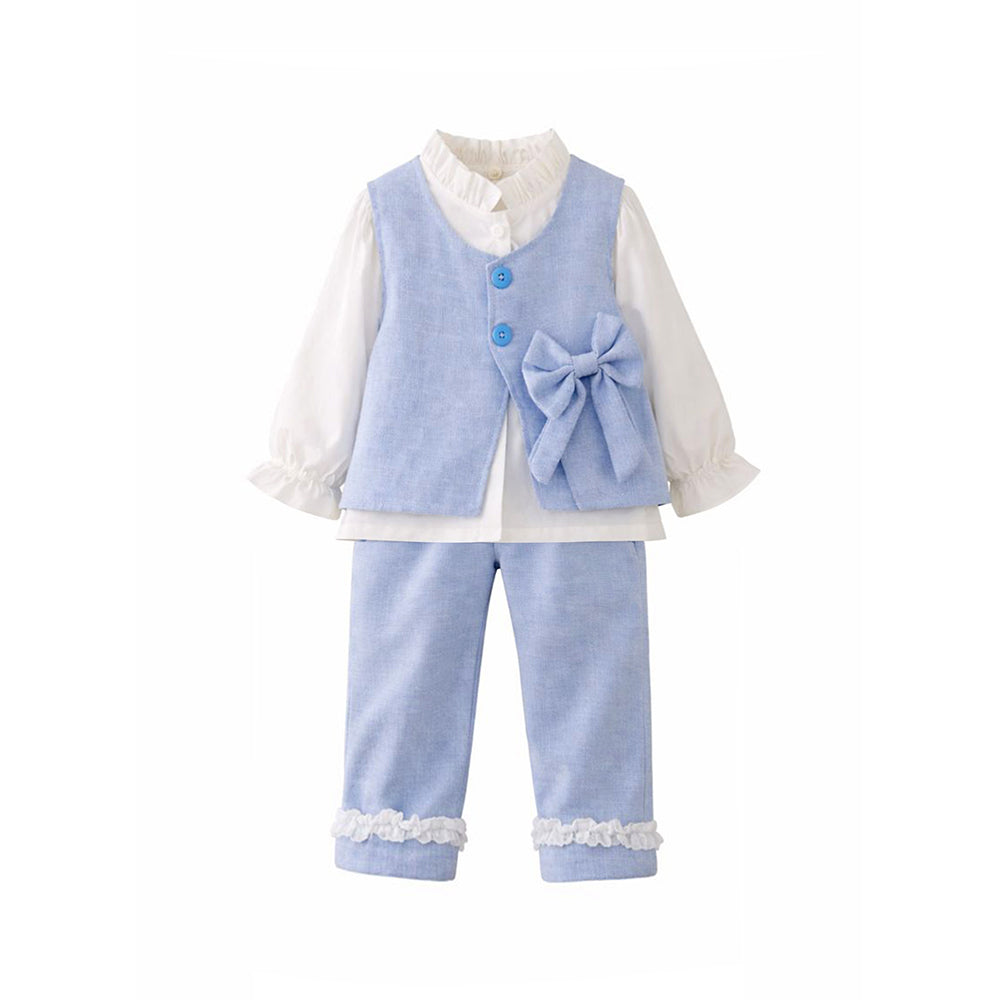 3 Pcs Set Blue Side Bow Jacket,Shirt & Matching Pants Partywear set for Girls