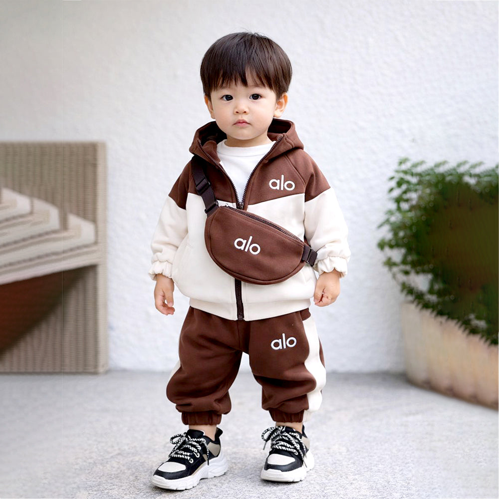 3 Pcs Set, Brown & Cream Tracksuit with and matching Sling Bag for Kids
