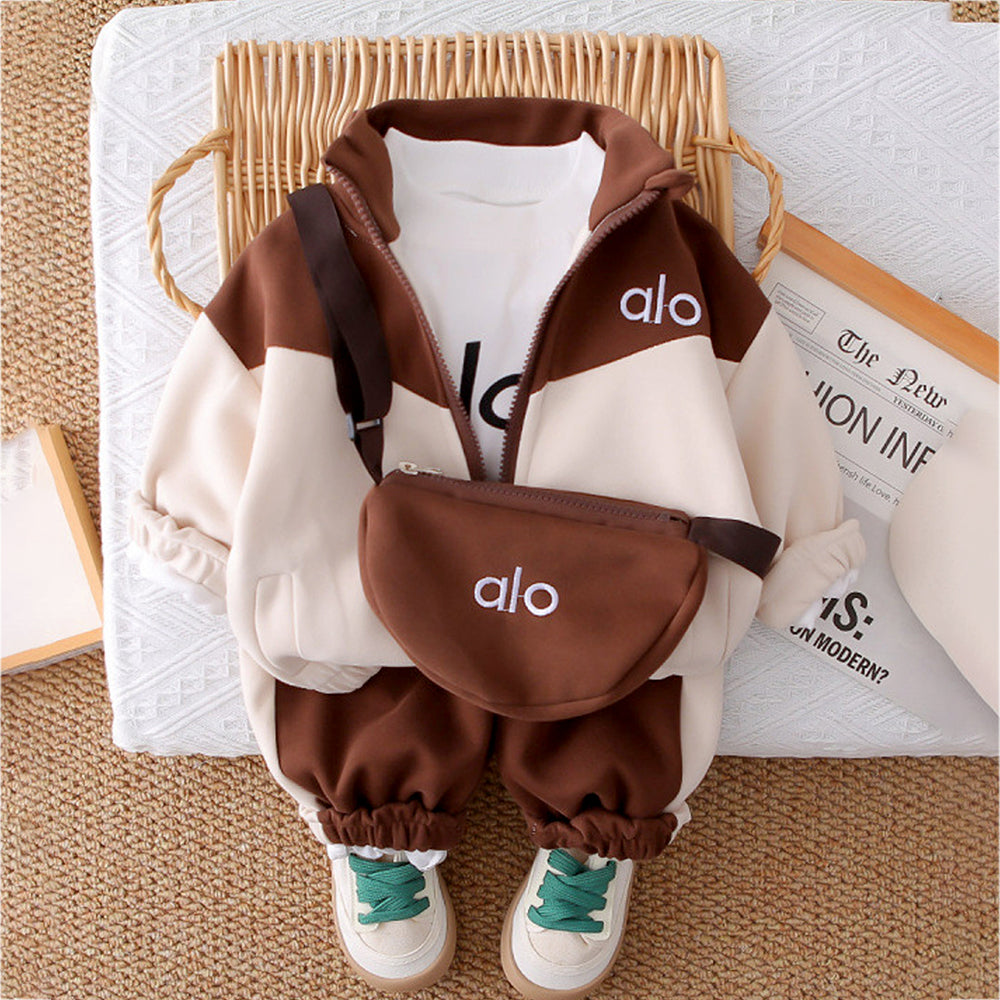 3 Pcs Set, Brown & Cream Tracksuit with and matching Sling Bag for Kids