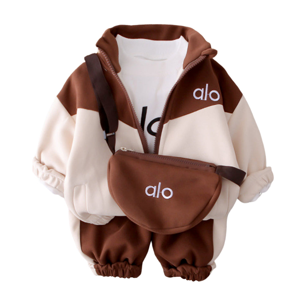 3 Pcs Set, Brown & Cream Tracksuit with and matching Sling Bag for Kids