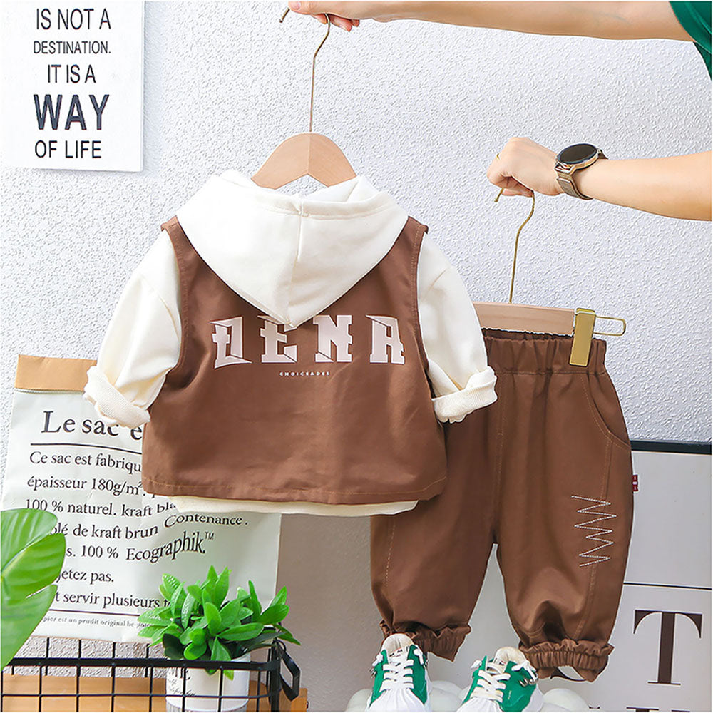 Dark Brown Designed 3 Pcs Sleeveless Jacket Styled Hoodie And Pant Suit Set For Toddlers And Kids