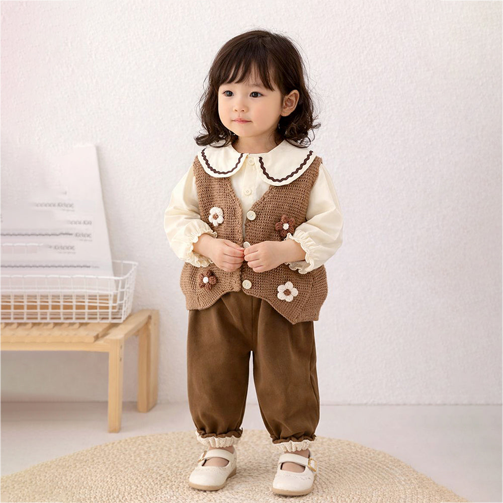 3 Pcs Set Brown crochet Knitted Vest,with White Shirt & Matching Pants Partwear set for Kids