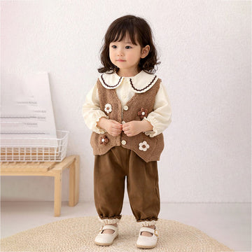 3 Pcs Set Brown crochet Knitted Vest,with White Shirt & Matching Pants Partwear set for Kids