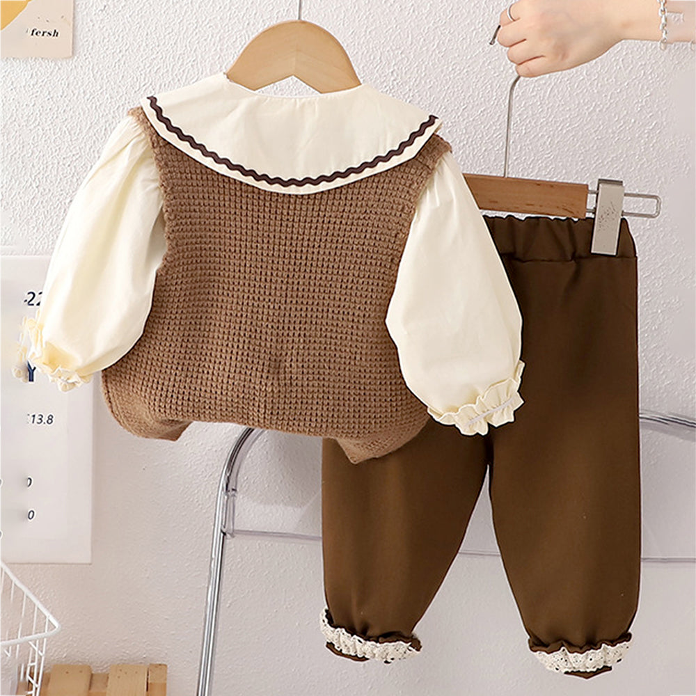 3 Pcs Set Brown crochet Knitted Vest,with White Shirt & Matching Pants Partwear set for Kids