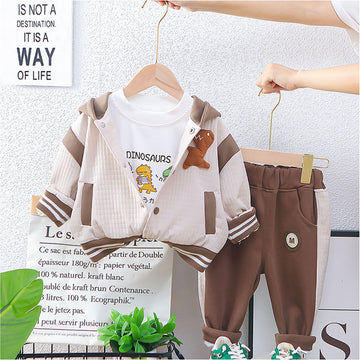 Brown Dino Broach Designed Jacket 3 Pcs Track Suit Set For Toddlers And Kids