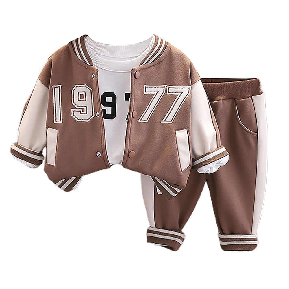 Brown & Cream 1977 Designed 3 Pcs Varsity Jacket Styled Track Suit Set For Toddlers And Kids