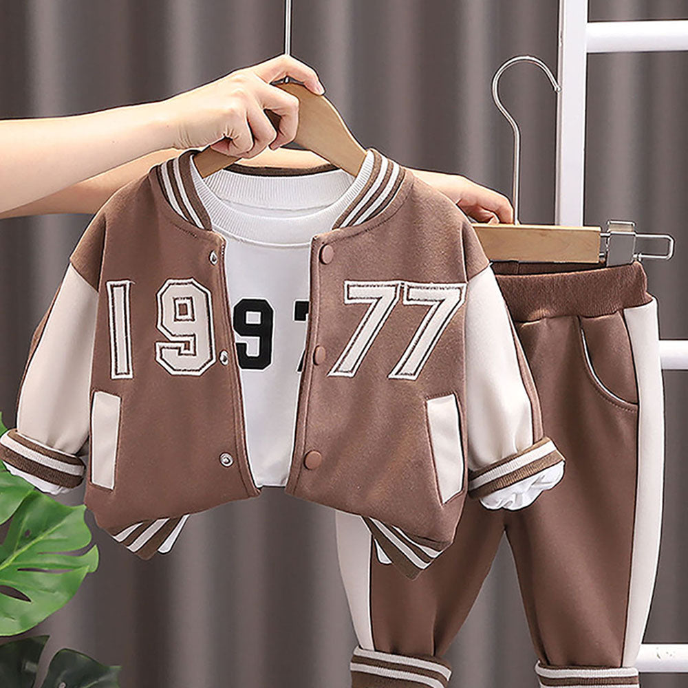 Brown & Cream 1977 Designed 3 Pcs Varsity Jacket Styled Track Suit Set For Toddlers And Kids