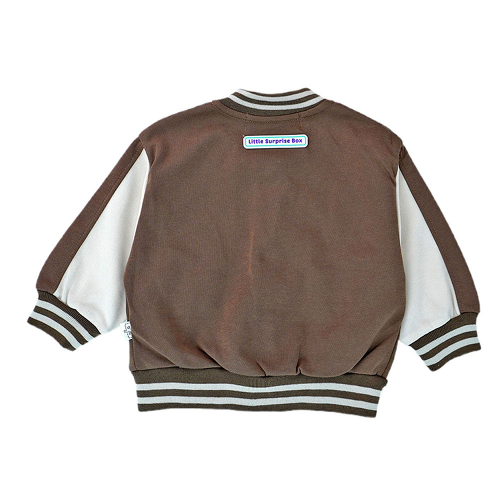 Brown & Cream 1977 Designed 3 Pcs Varsity Jacket Styled Track Suit Set For Toddlers And Kids