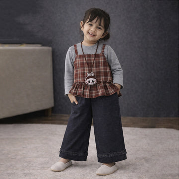 3 Pcs Set,Brown Checkered Peplum-Top,with T-shirt & Wide Leg Pants for Girls