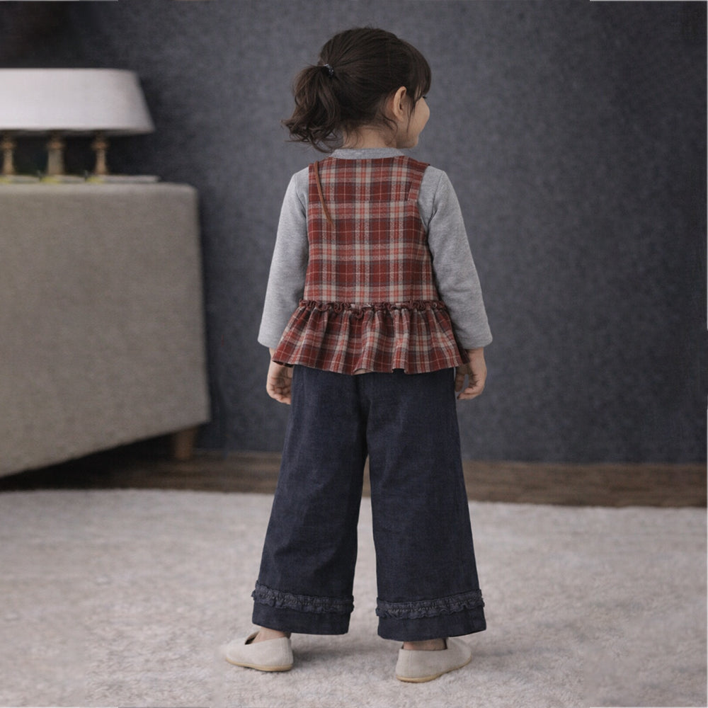 3 Pcs Set,Brown Checkered Peplum-Top,with T-shirt & Wide Leg Pants for Girls