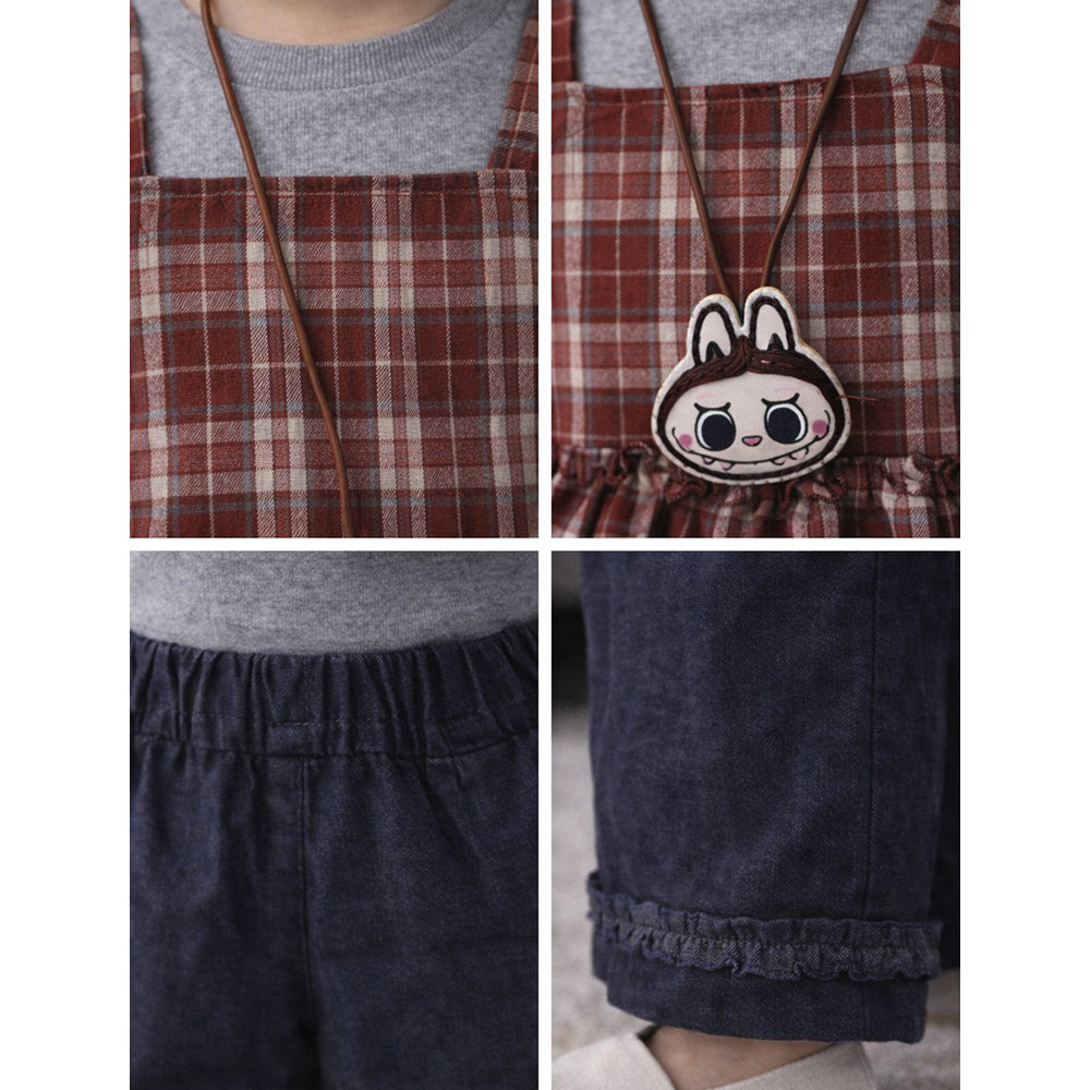 3 Pcs Set,Brown Checkered Peplum-Top,with T-shirt & Wide Leg Pants for Girls
