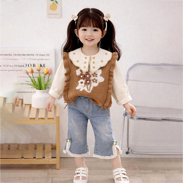 3 Pcs Set,Brown Peter Pan Collared Floral Knitted Cardigan,T-shirt,& Denims Partywear for Girls