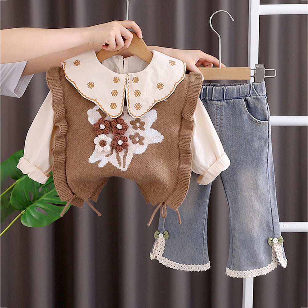 3 Pcs Set,Brown Peter Pan Collared Floral Knitted Cardigan,T-shirt,& Denims Partywear for Girls