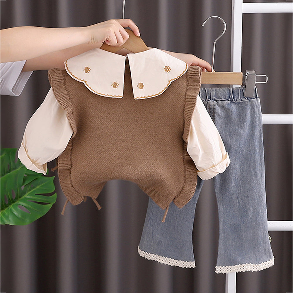 3 Pcs Set,Brown Peter Pan Collared Floral Knitted Cardigan,T-shirt,& Denims Partywear for Girls
