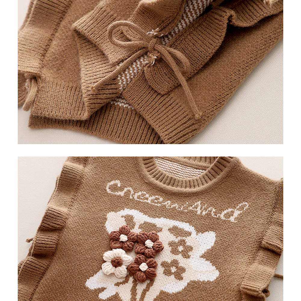 3 Pcs Set,Brown Peter Pan Collared Floral Knitted Cardigan,T-shirt,& Denims Partywear for Girls