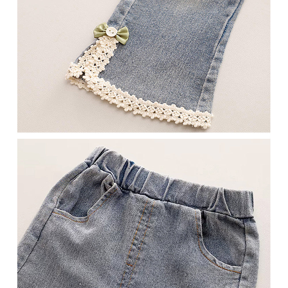 3 Pcs Set,Brown Peter Pan Collared Floral Knitted Cardigan,T-shirt,& Denims Partywear for Girls