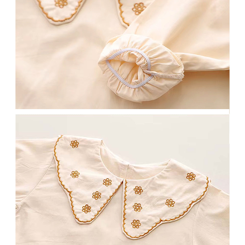 3 Pcs Set,Brown Peter Pan Collared Floral Knitted Cardigan,T-shirt,& Denims Partywear for Girls
