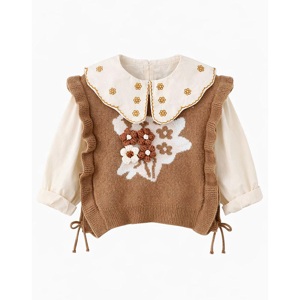 3 Pcs Set,Brown Peter Pan Collared Floral Knitted Cardigan,T-shirt,& Denims Partywear for Girls