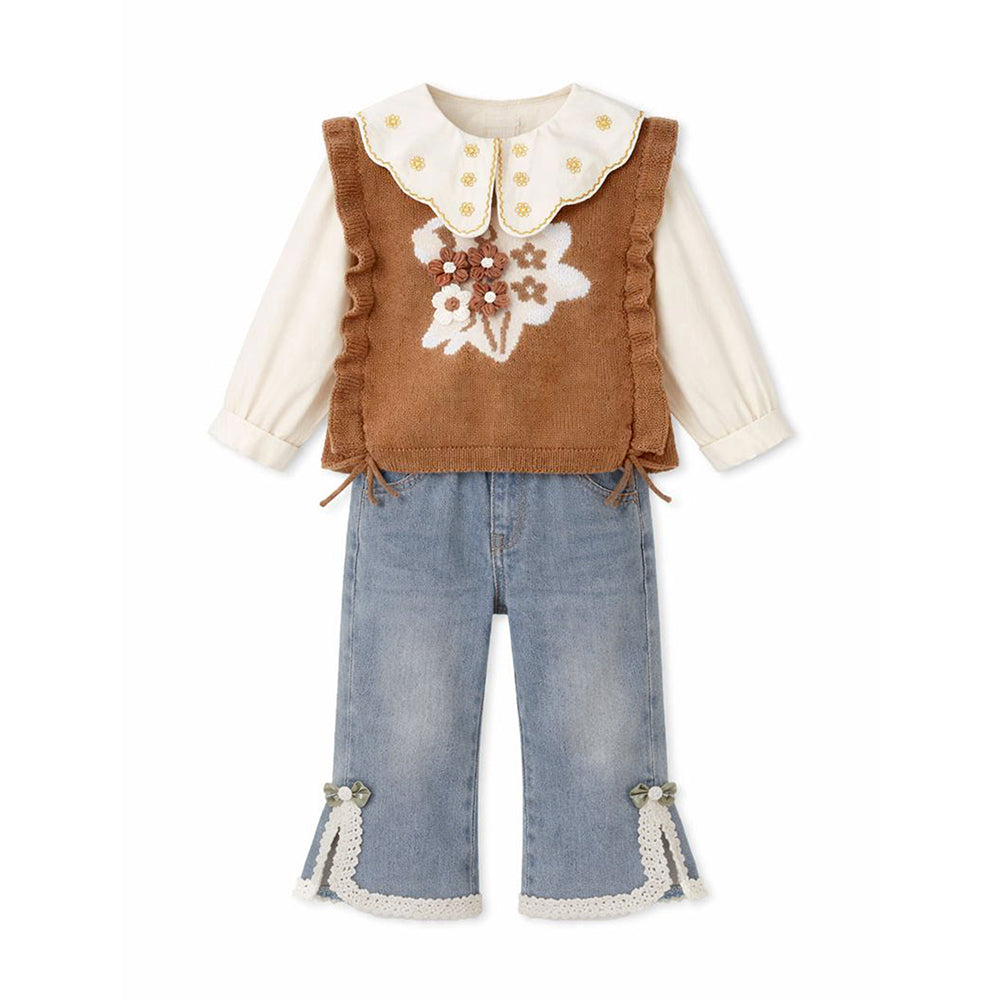3 Pcs Set,Brown Peter Pan Collared Floral Knitted Cardigan,T-shirt,& Denims Partywear for Girls