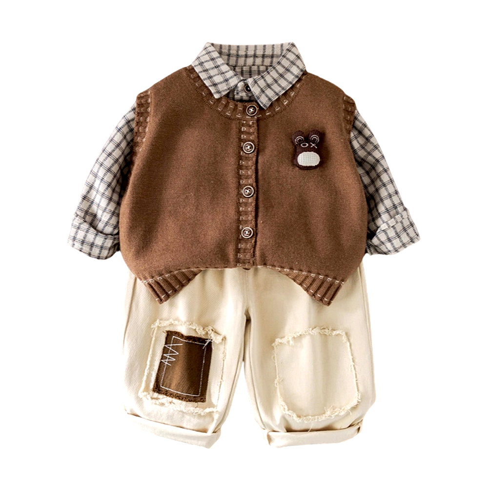 3 Pcs Set,Brown Teddy Vest,Checkered Shirt & Beige Pants for Kids