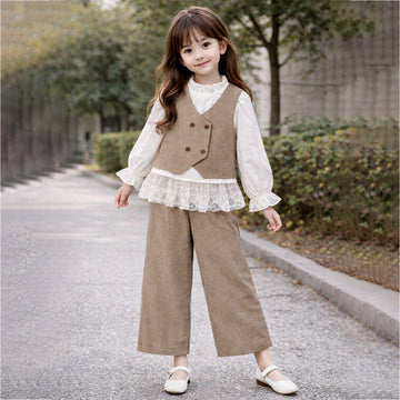 3 Pcs Set,Brown Waistcoat,White Peplum-style Top & Wide Leg Pants partwear set for Girls