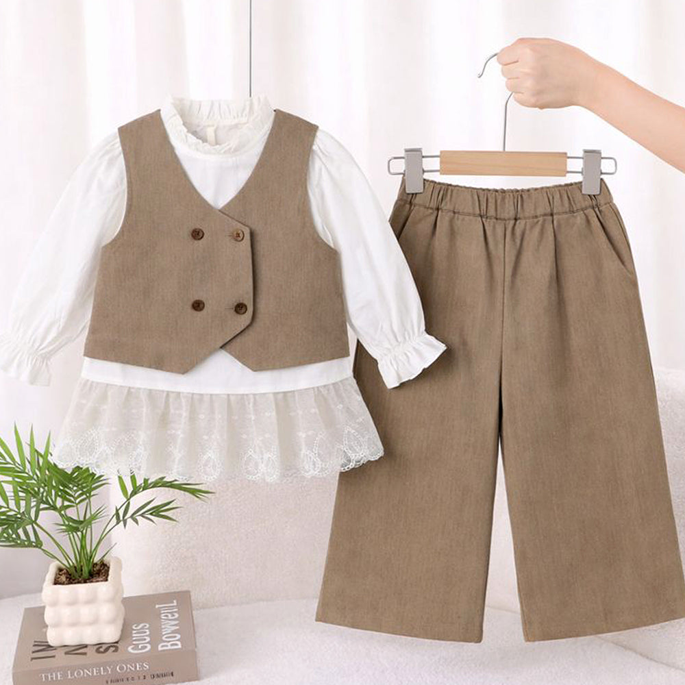 3 Pcs Set,Brown Waistcoat,White Peplum-style Top & Wide Leg Pants partwear set for Girls
