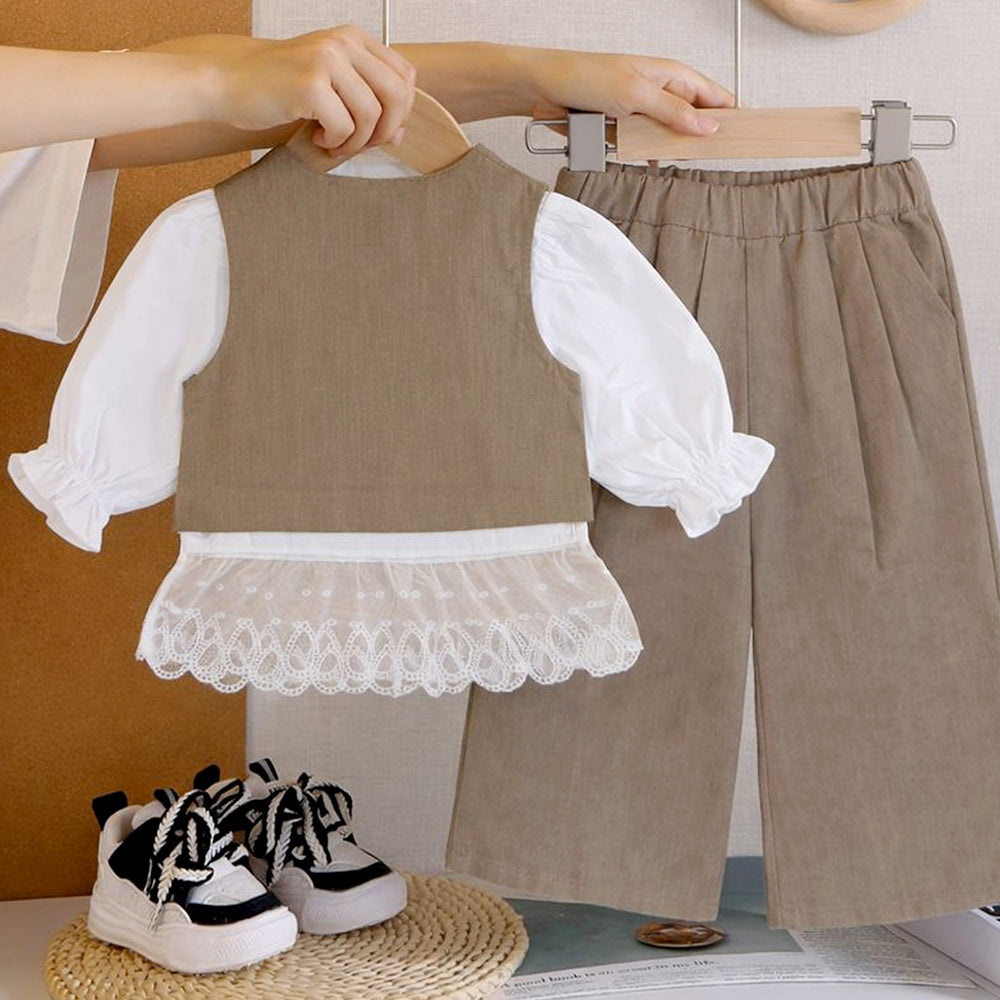 3 Pcs Set,Brown Waistcoat,White Peplum-style Top & Wide Leg Pants partwear set for Girls