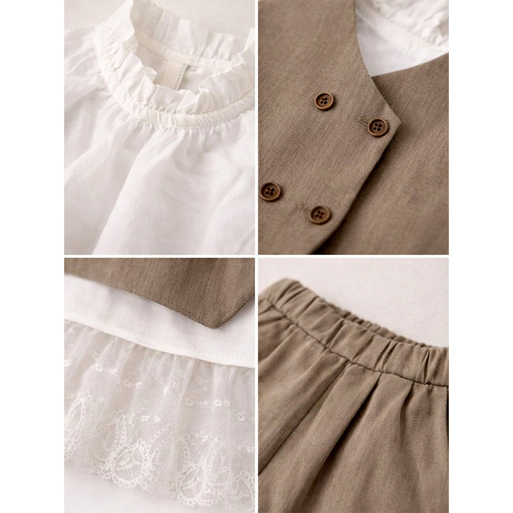3 Pcs Set,Brown Waistcoat,White Peplum-style Top & Wide Leg Pants partwear set for Girls