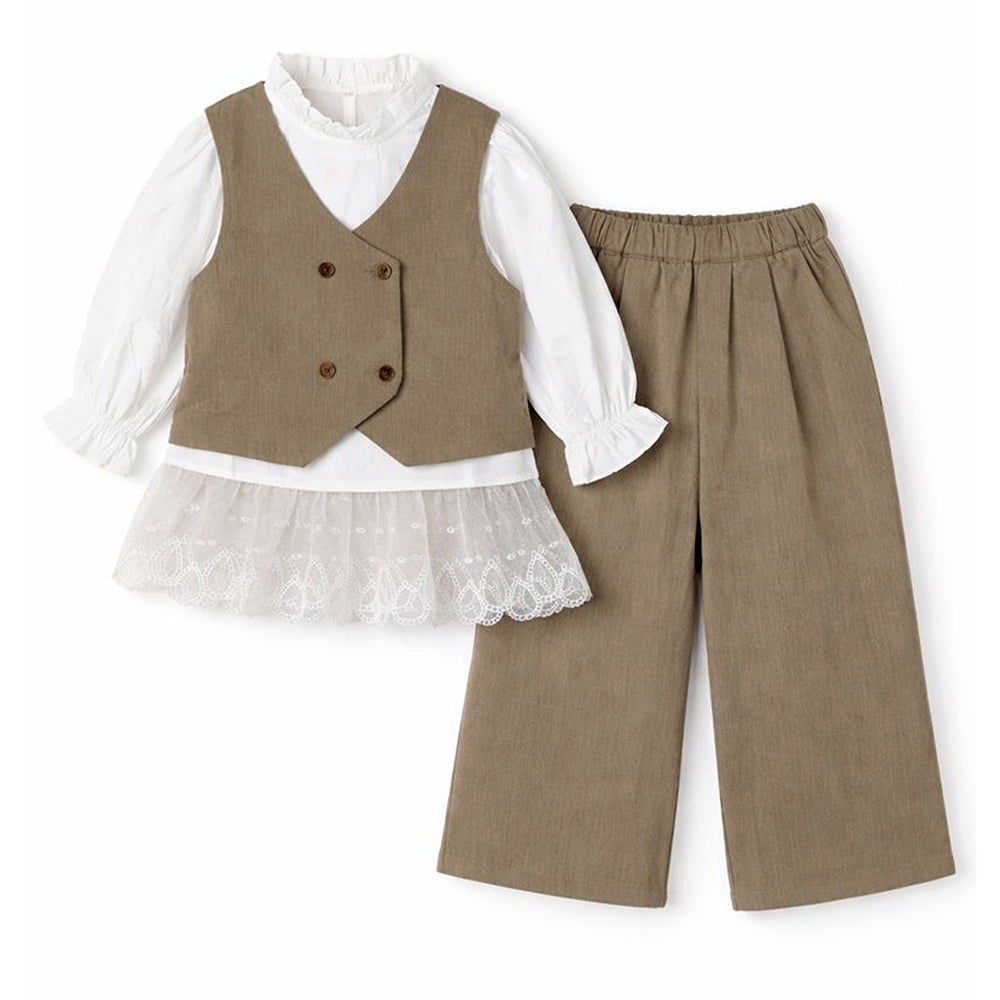 3 Pcs Set,Brown Waistcoat,White Peplum-style Top & Wide Leg Pants partwear set for Girls