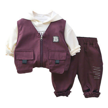 Dark Burgandy Designed 3 Pcs Sleeveless Jacket Styled Hoodie And Pant Suit Set For Toddlers And Kids