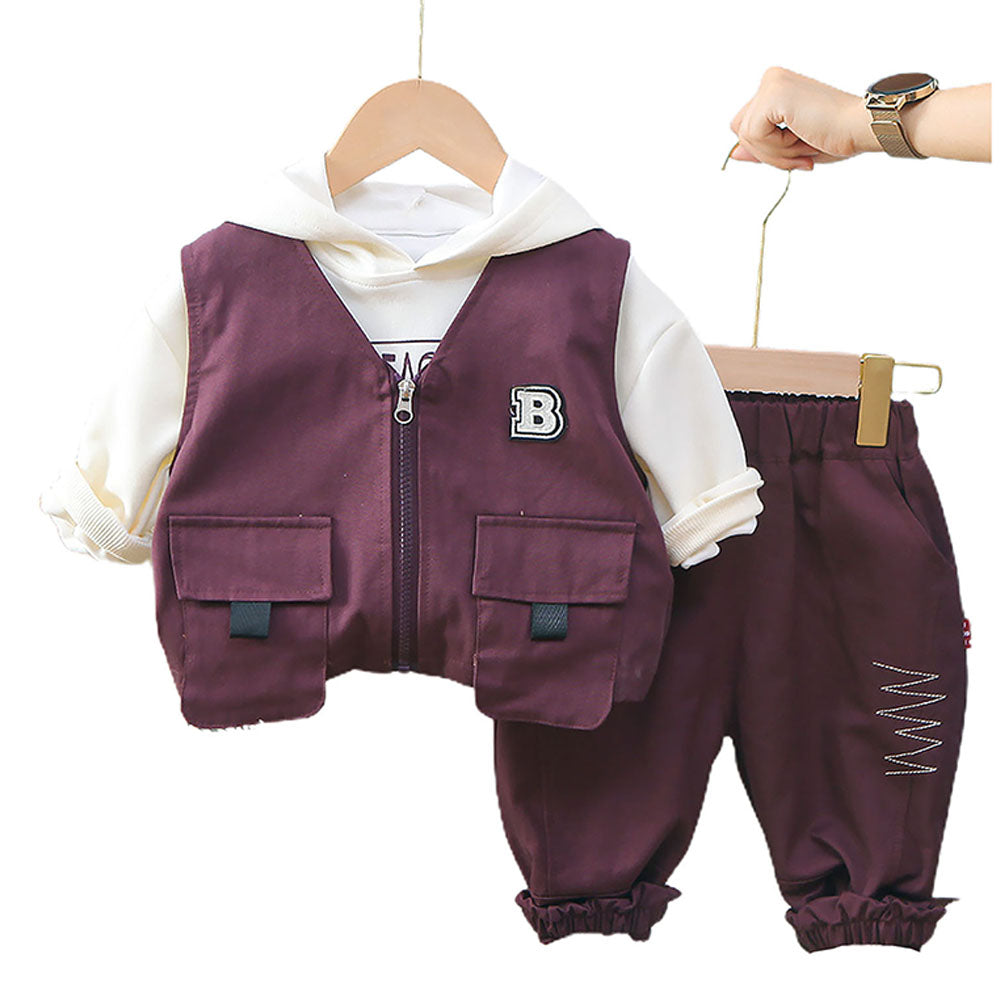 Dark Burgandy Designed 3 Pcs Sleeveless Jacket Styled Hoodie And Pant Suit Set For Toddlers And Kids