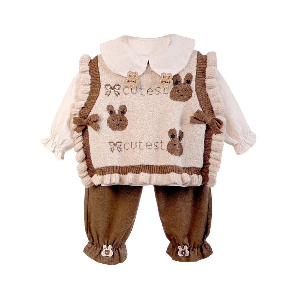 3pcs set,Cream Brown Knitted Vest,Shirt,& Pants partywear for Kids
