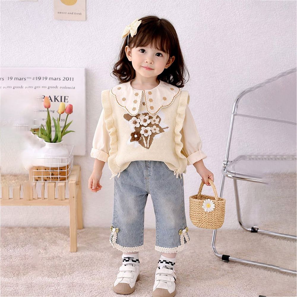 3 Pcs Set,Cream Peter Pan Collared Floral Knitted Cardigan,T-shirt,& Denims Partywear for Girls