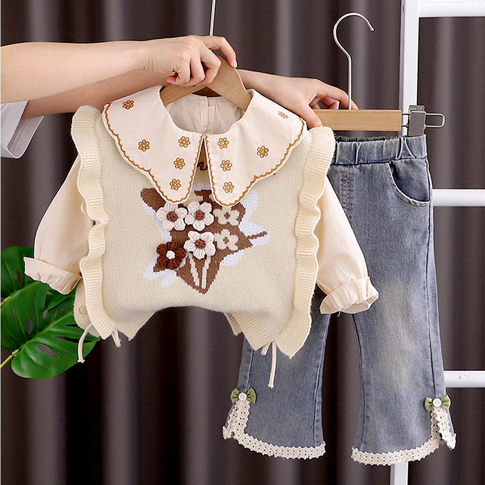 3 Pcs Set,Cream Peter Pan Collared Floral Knitted Cardigan,T-shirt,& Denims Partywear for Girls