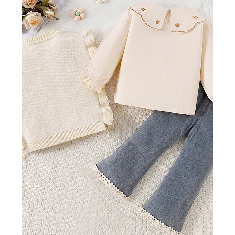 3 Pcs Set,Cream Peter Pan Collared Floral Knitted Cardigan,T-shirt,& Denims Partywear for Girls